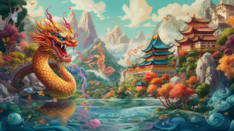 国潮风神话龙建筑山水画,插画/手绘图,插画/手绘图库,插画/手绘图下载,插画/手绘